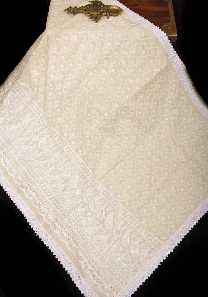 Beige Cotton Saree with Embroidery and lace Border | SHOBITAM