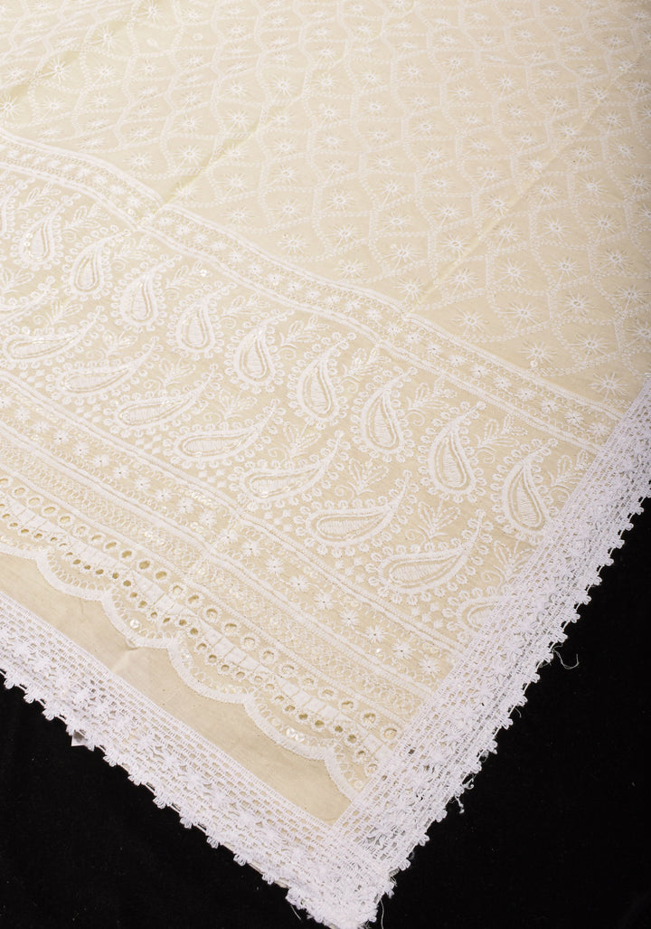Beige Cotton Saree with Embroidery and lace Border | SHOBITAM