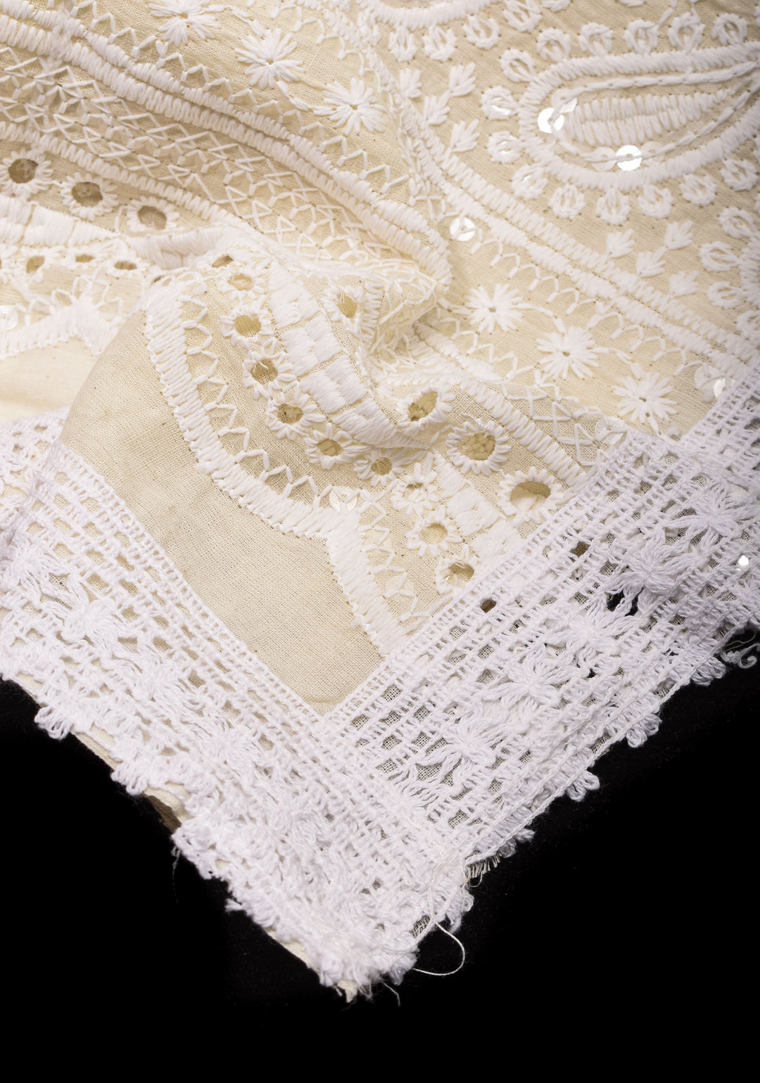 Beige Cotton Saree with Embroidery and lace Border | SHOBITAM