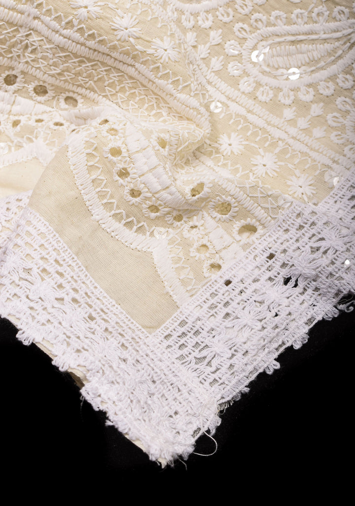 Beige Cotton Saree with Embroidery and lace Border | SHOBITAM