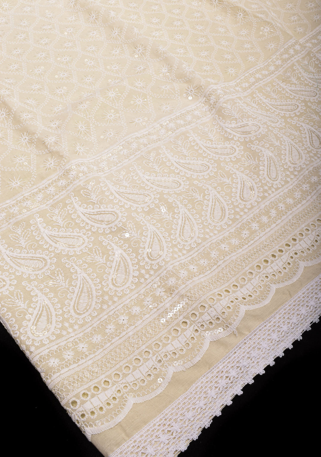 Beige Cotton Saree with Embroidery and lace Border | SHOBITAM