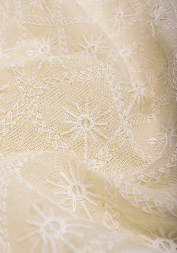 Beige Cotton Saree with Embroidery and lace Border | SHOBITAM