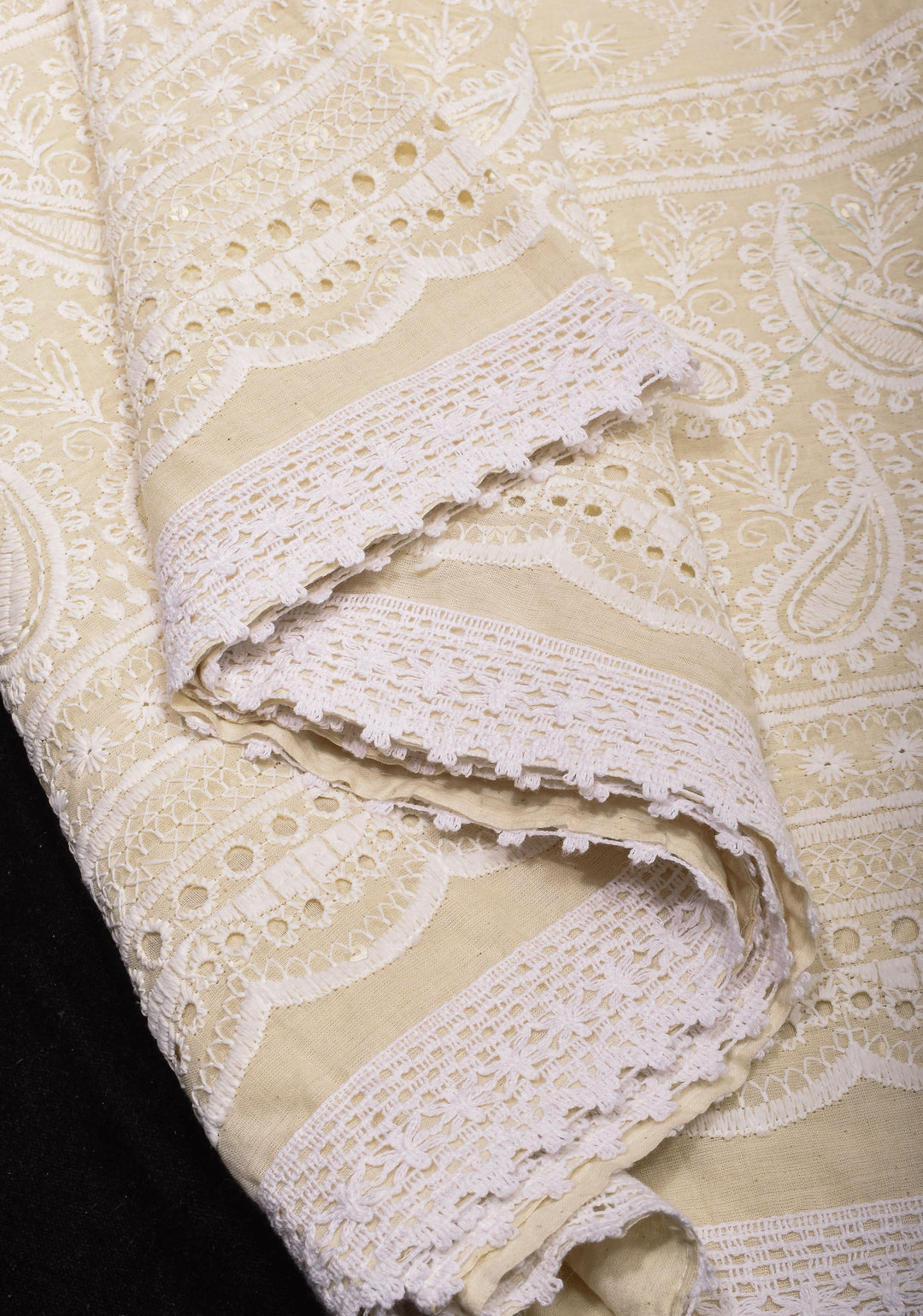 Beige Cotton Saree with Embroidery and lace Border | SHOBITAM