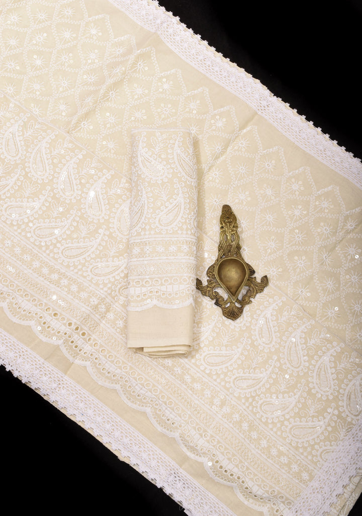 Beige Cotton Saree with Embroidery and lace Border | SHOBITAM