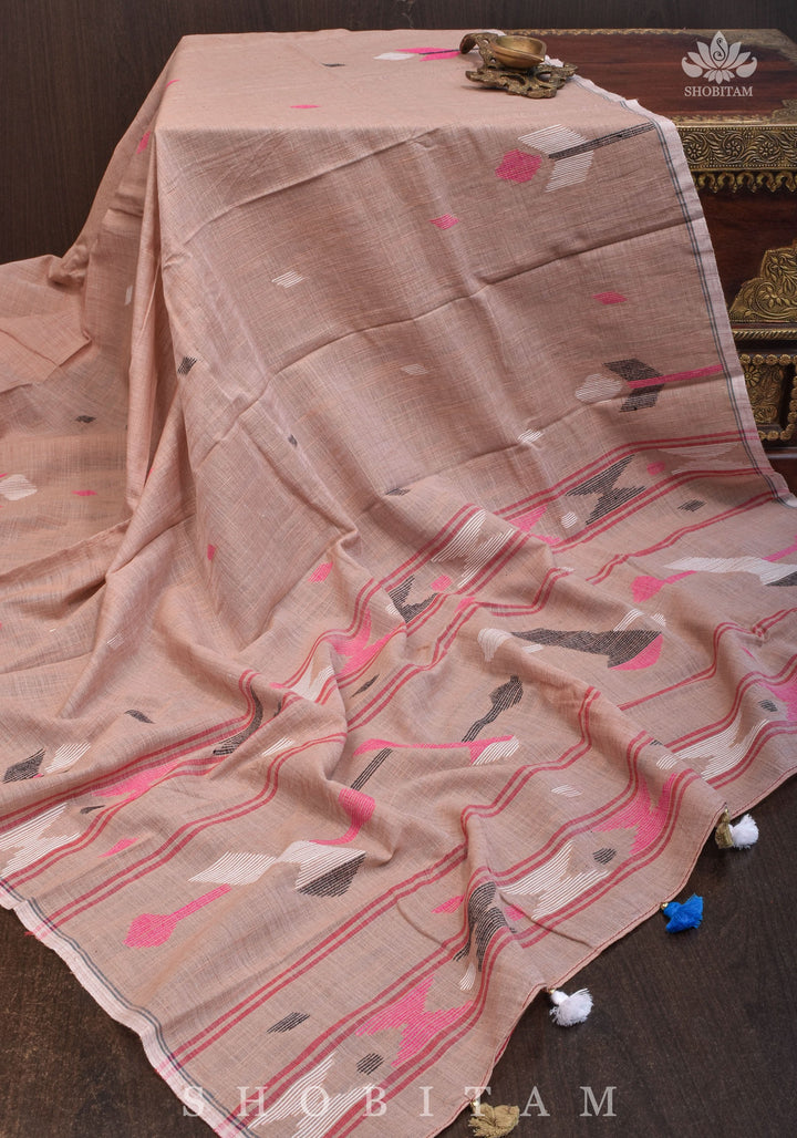 DUPATTA : Hand Jamdani Dupatta in Rose Beige Mercerized Cotton