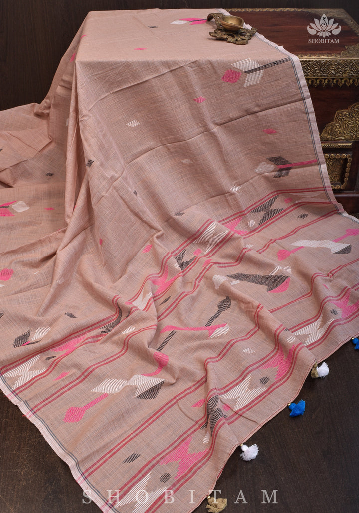DUPATTA : Hand Jamdani Dupatta in Rose Beige Mercerized Cotton