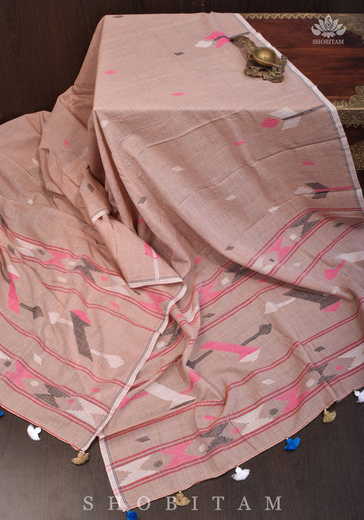 DUPATTA : Hand Jamdani Dupatta in Rose Beige Mercerized Cotton