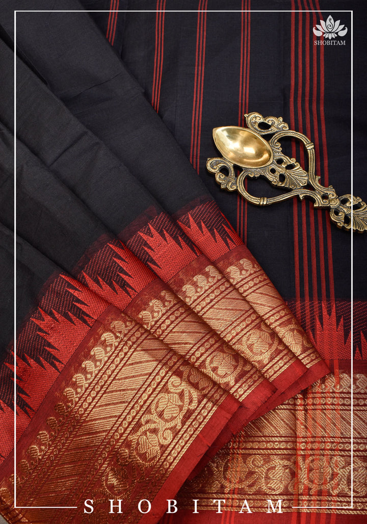 Black Chettinadu Cotton Saree with Temple Zari Borders