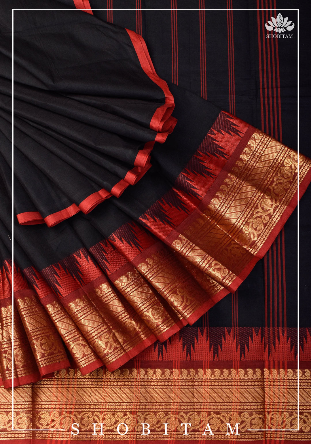 Black Chettinadu Cotton Saree with Temple Zari Borders