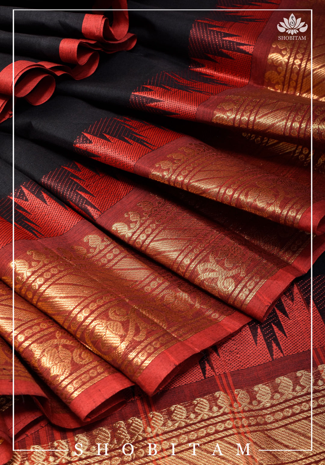 Black Chettinadu Cotton Saree with Temple Zari Borders