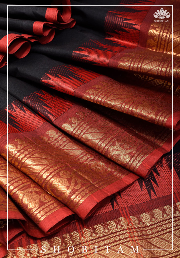 Black Chettinadu Cotton Saree with Temple Zari Borders