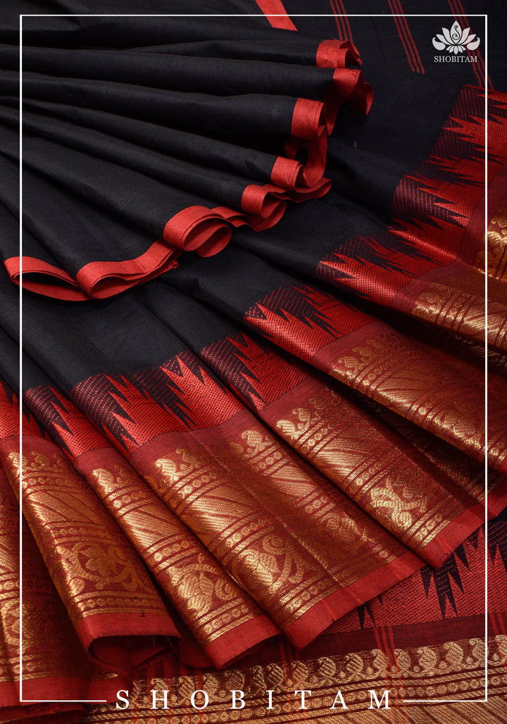 Black Chettinadu Cotton Saree with Temple Zari Borders