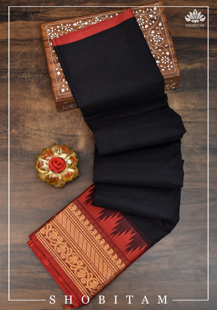 Black Chettinadu Cotton Saree with Temple Zari Borders