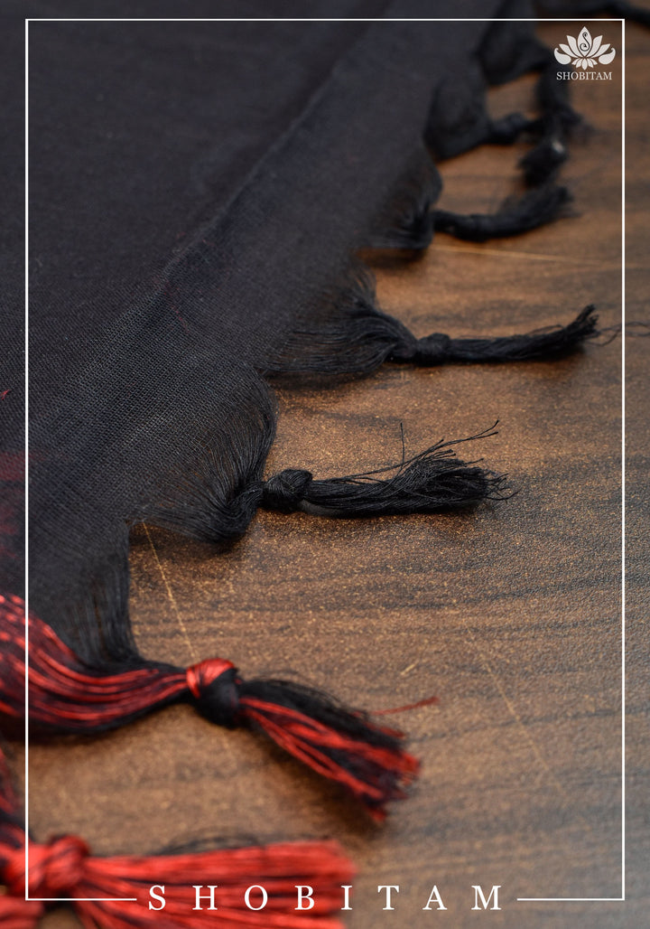 Black Chettinadu Cotton Saree with Temple Zari Borders