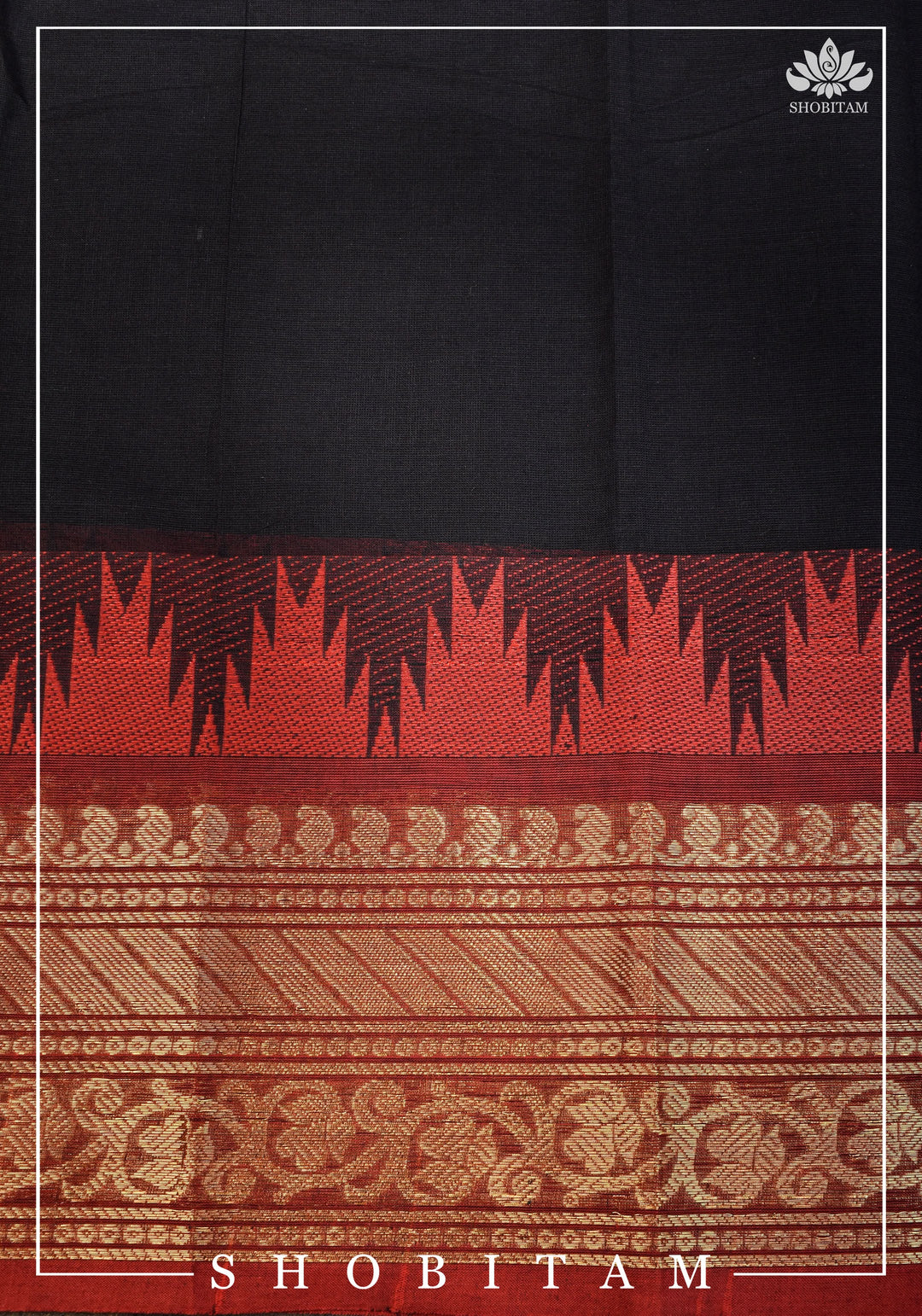 Black Chettinadu Cotton Saree with Temple Zari Borders
