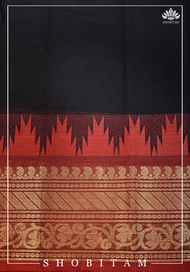 Black Chettinadu Cotton Saree with Temple Zari Borders