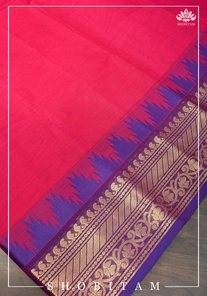 Chettinadu Cotton Saree in Pink with Wide Zari Border, no Blouse piece | Sarees by Shobitam