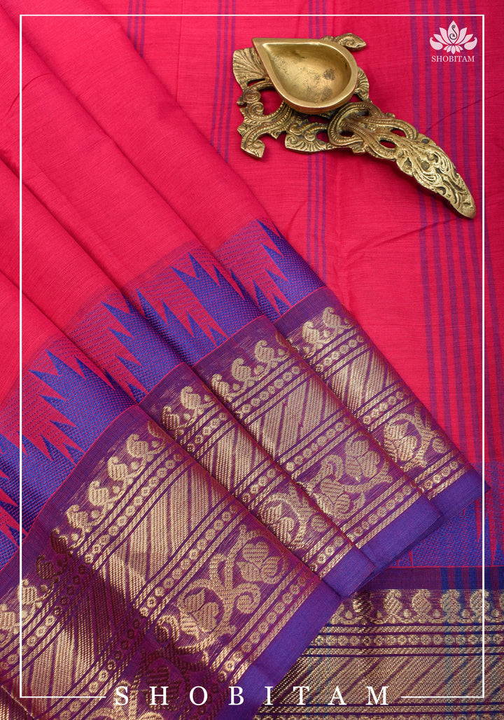 Chettinadu Cotton Saree in Pink with Wide Zari Border, no Blouse piece | Sarees by Shobitam