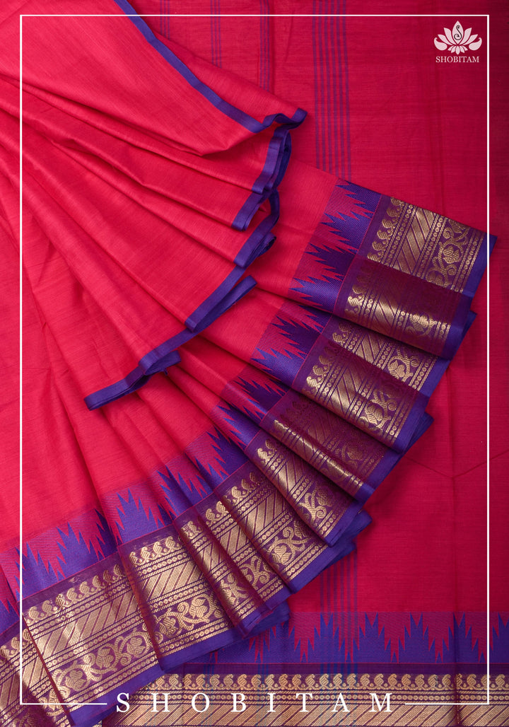 Chettinadu Cotton Saree in Pink with Wide Zari Border, no Blouse piece | Sarees by Shobitam