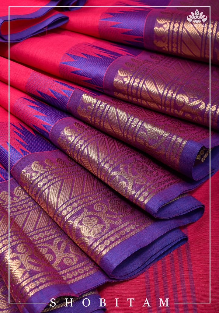 Chettinadu Cotton Saree in Pink with Wide Zari Border, no Blouse piece | Sarees by Shobitam
