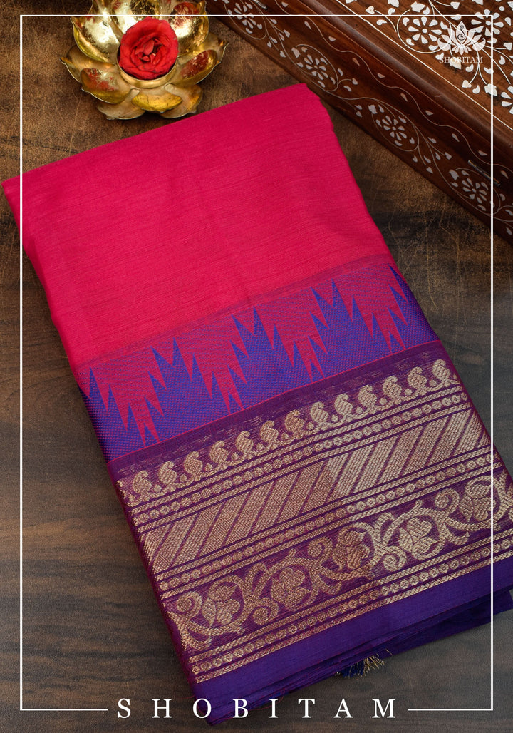 Chettinadu Cotton Saree in Pink with Wide Zari Border, no Blouse piece | Sarees by Shobitam