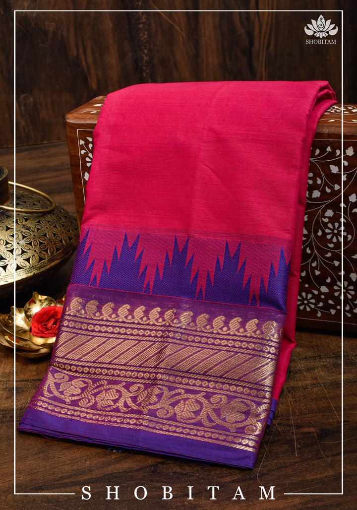 Chettinadu Cotton Saree in Pink with Wide Zari Border, no Blouse piece | Sarees by Shobitam