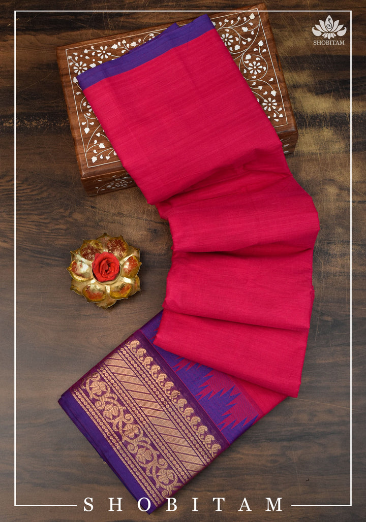 Chettinadu Cotton Saree in Pink with Wide Zari Border, no Blouse piece | Sarees by Shobitam