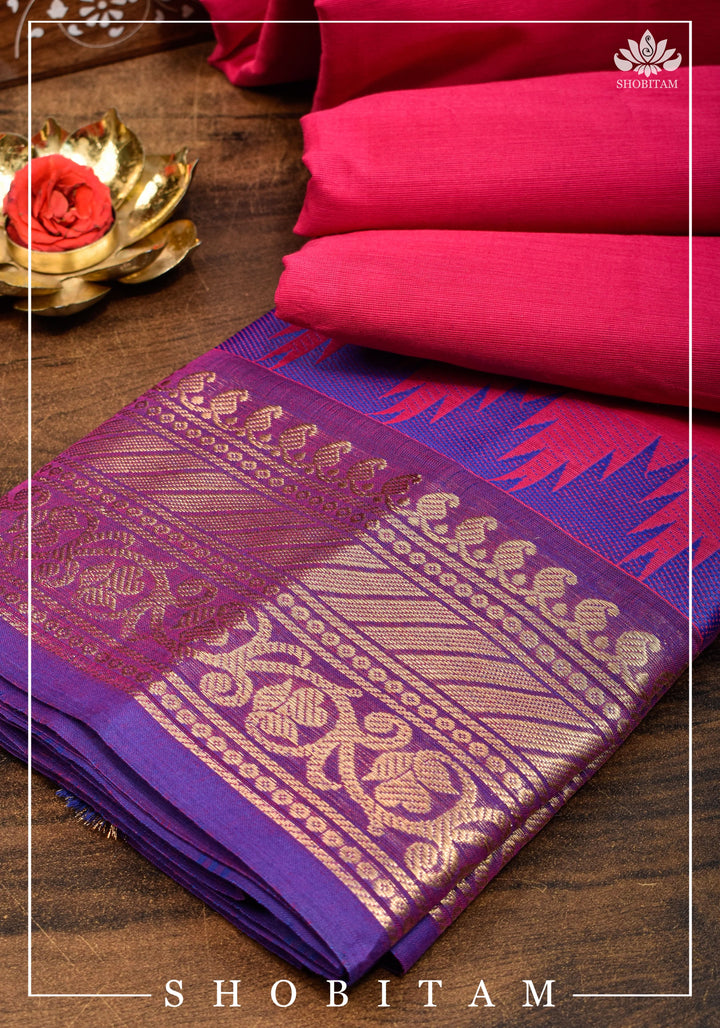 Chettinadu Cotton Saree in Pink with Wide Zari Border, no Blouse piece | Sarees by Shobitam