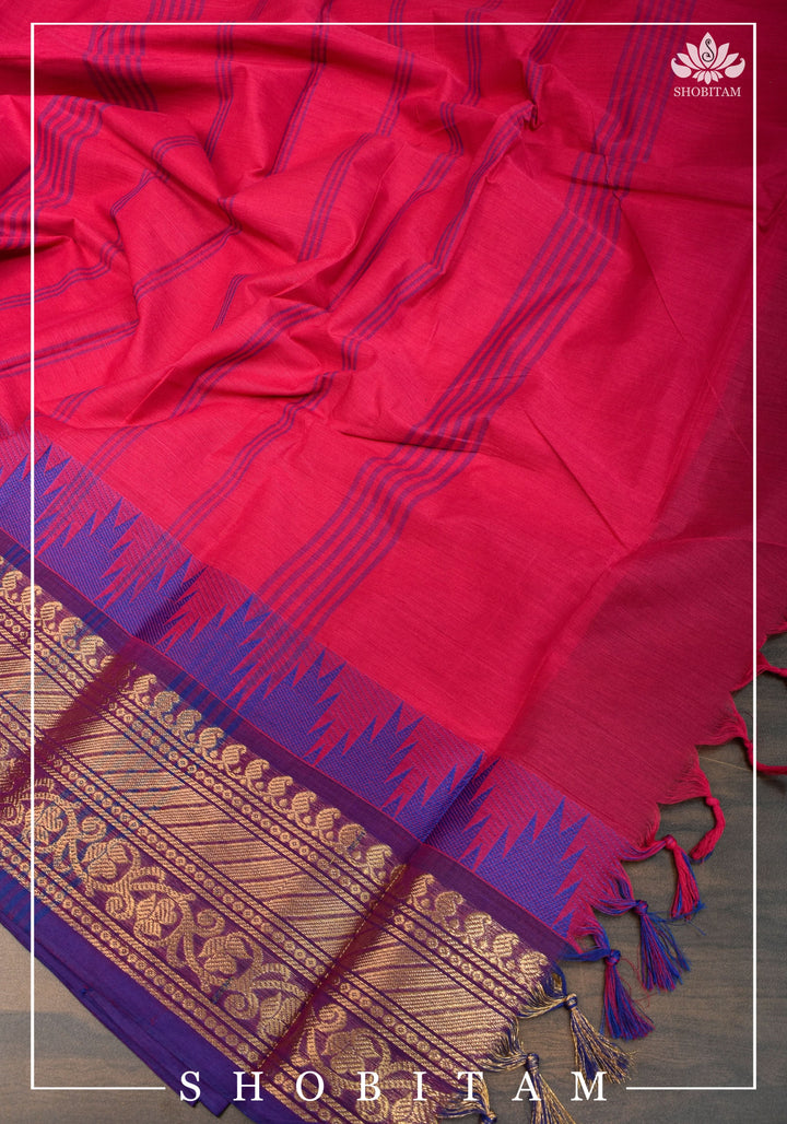 Chettinadu Cotton Saree in Pink with Wide Zari Border, no Blouse piece | Sarees by Shobitam