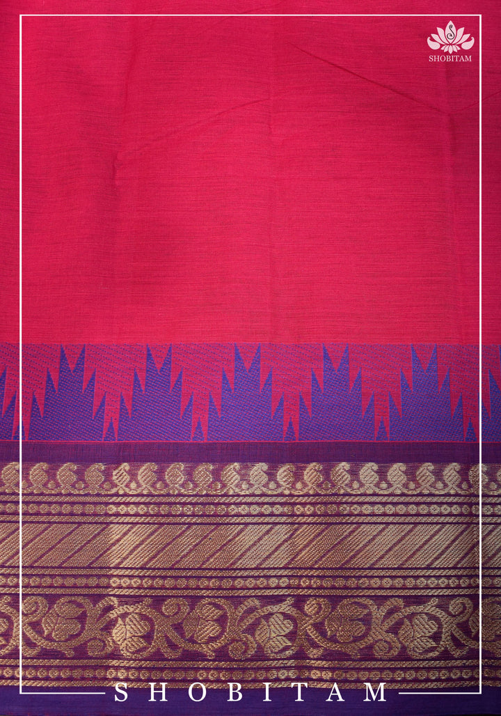 Chettinadu Cotton Saree in Pink with Wide Zari Border, no Blouse piece | Sarees by Shobitam