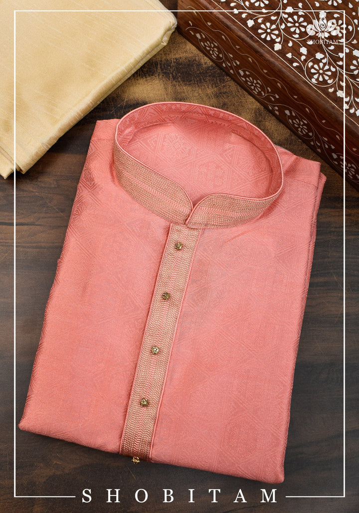 Peach Pink Banarasi Self Brocade Kurta Pajama Set for Men, Mutiple Size  | Ethnic Menswear by Shobitam