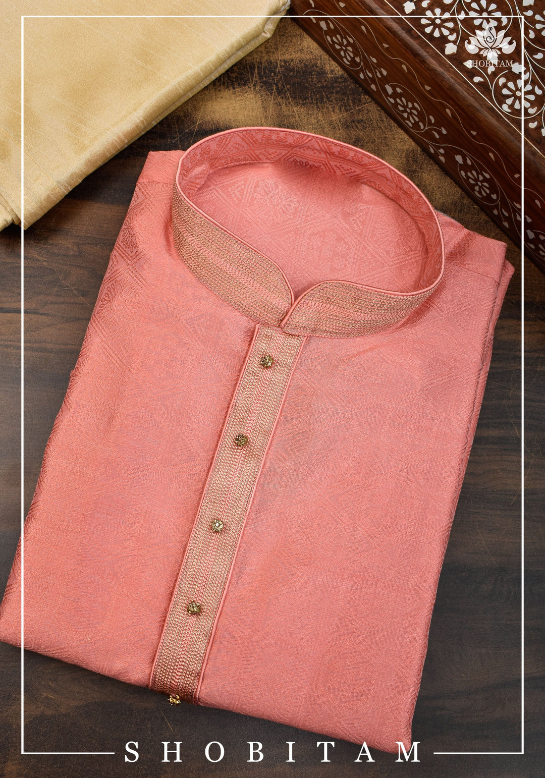 Peach Pink Banarasi Self Brocade Kurta Pajama Set for Men, Mutiple Size  | Ethnic Menswear by Shobitam