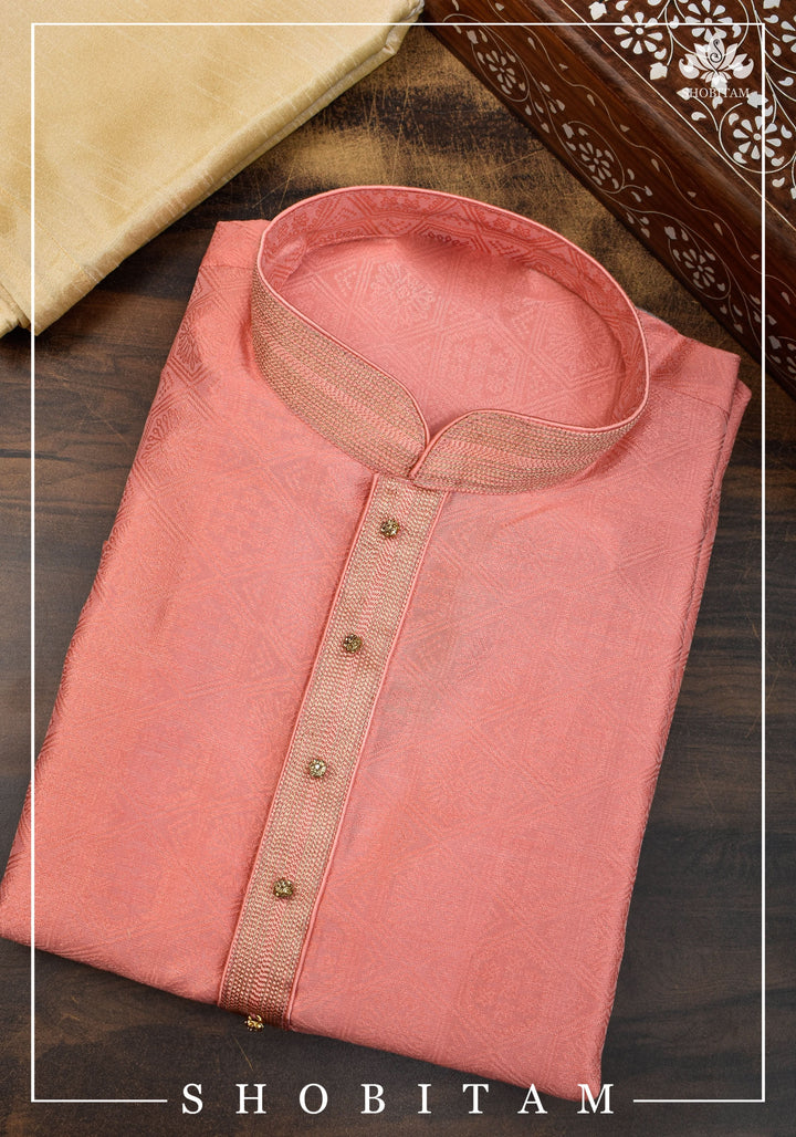 Peach Pink Banarasi Self Brocade Kurta Pajama Set for Men, Mutiple Size  | Ethnic Menswear by Shobitam