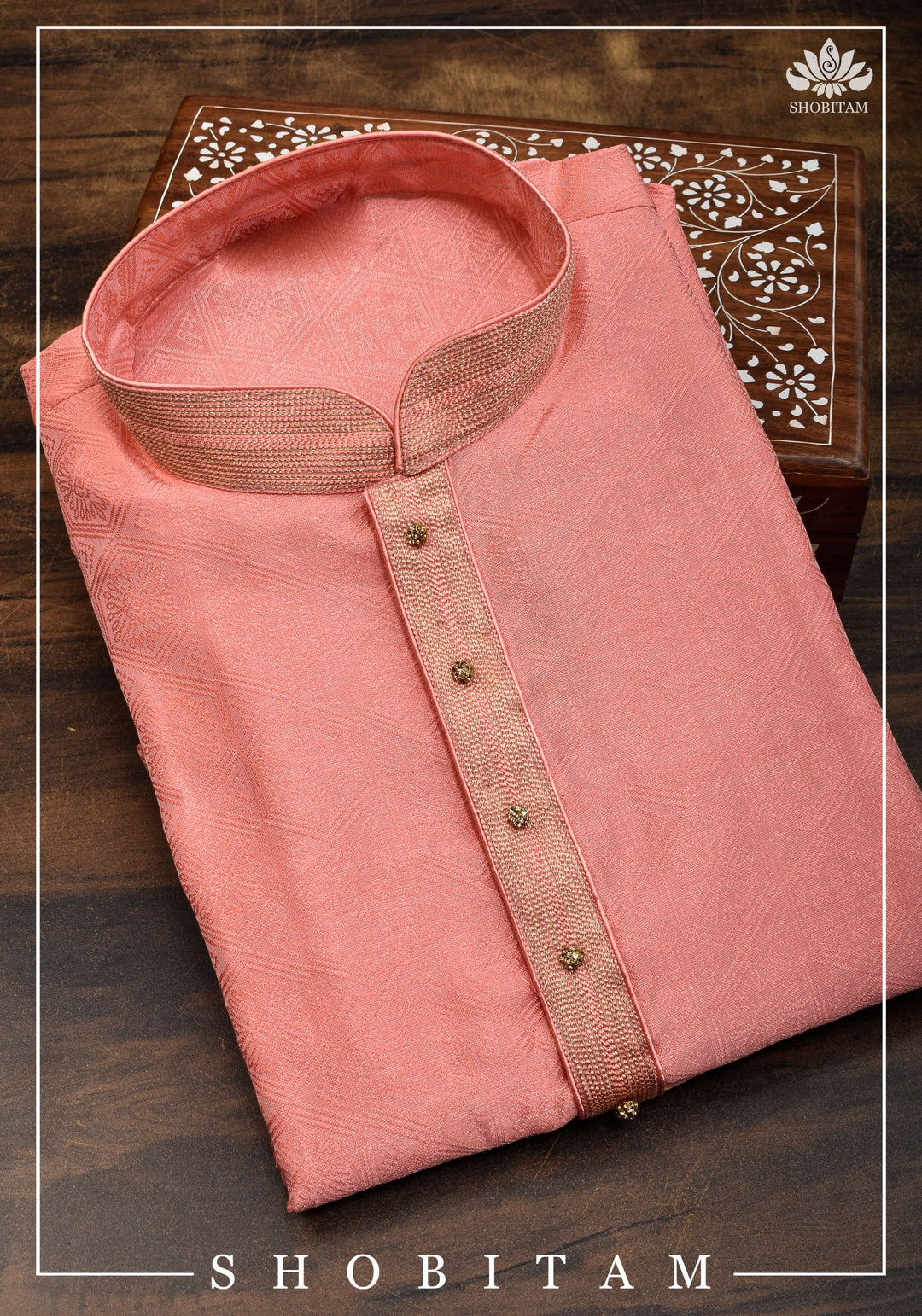 Peach Pink Banarasi Self Brocade Kurta Pajama Set for Men, Mutiple Size  | Ethnic Menswear by Shobitam