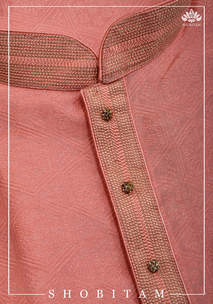 Peach Pink Banarasi Self Brocade Kurta Pajama Set for Men, Mutiple Size  | Ethnic Menswear by Shobitam