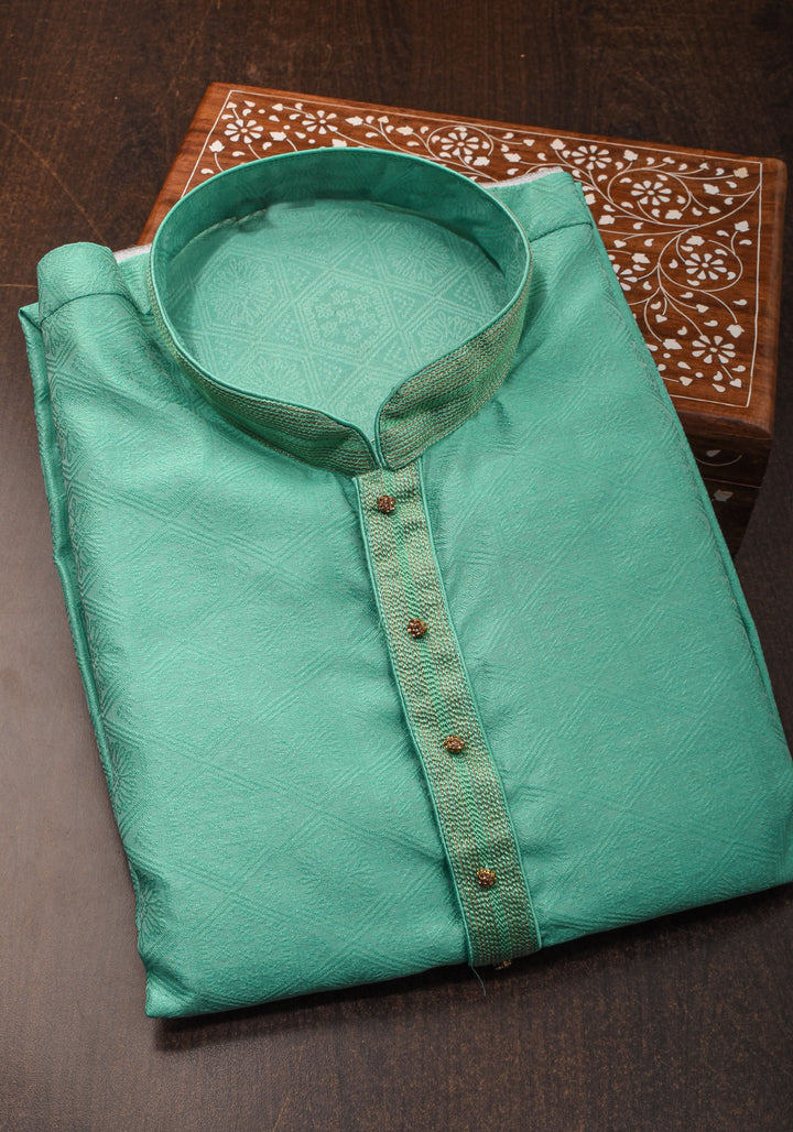 Self weave Kurta Pajama Set for Men in Cyan Green, Multiple Size | Ethnic Menswear by Shobitam