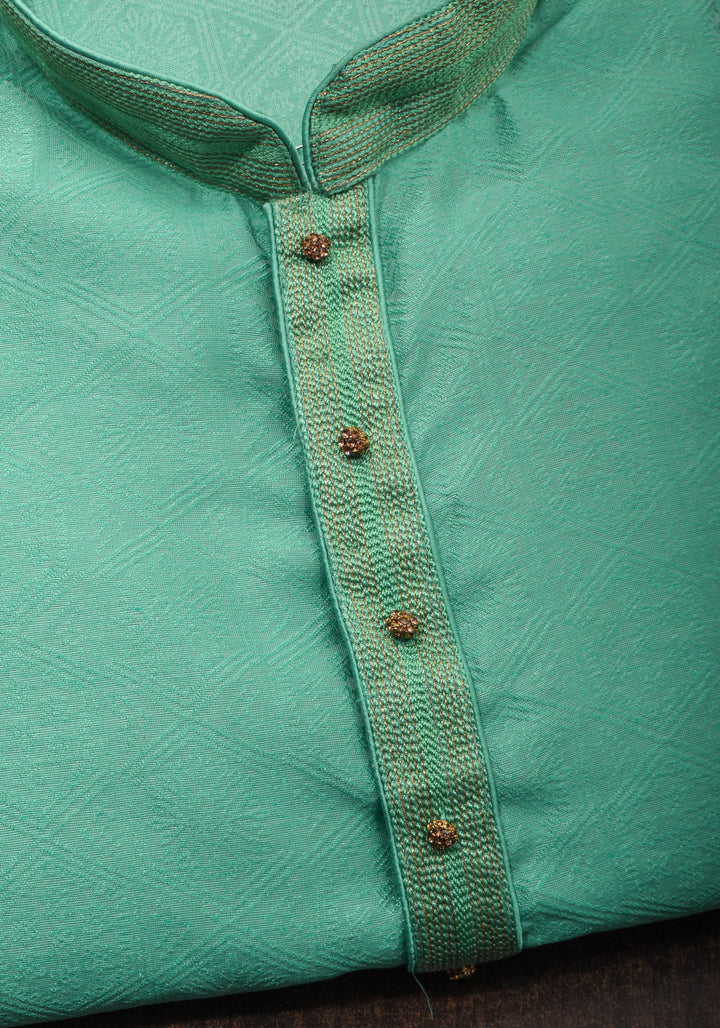 Self weave Kurta Pajama Set for Men in Cyan Green, Multiple Size | Ethnic Menswear by Shobitam