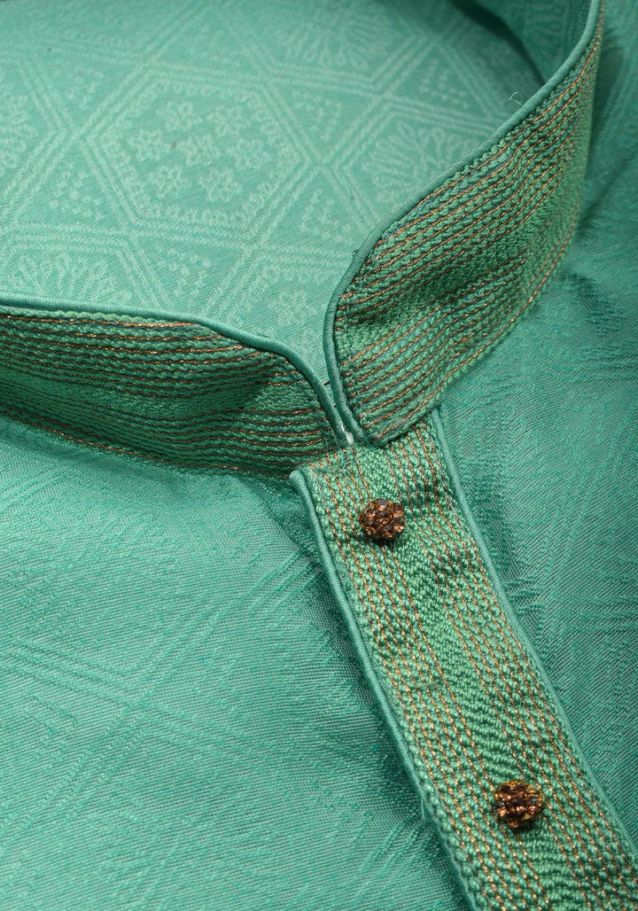 Self weave Kurta Pajama Set for Men in Cyan Green, Multiple Size | Ethnic Menswear by Shobitam