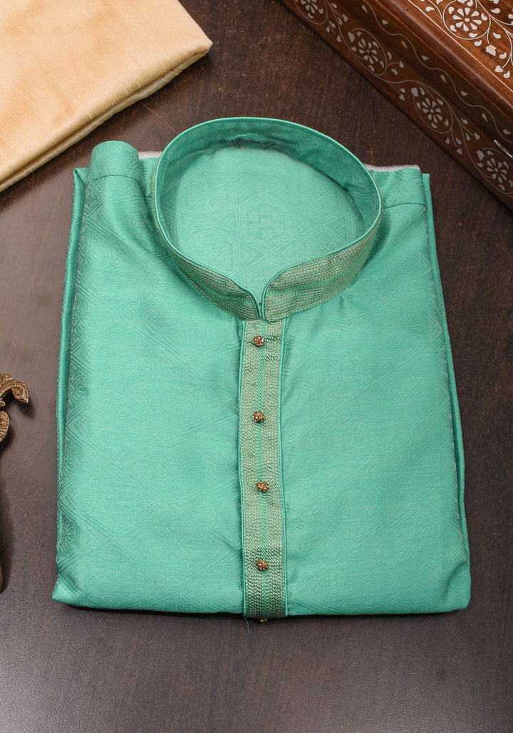 Self weave Kurta Pajama Set for Men in Cyan Green, Multiple Size | Ethnic Menswear by Shobitam