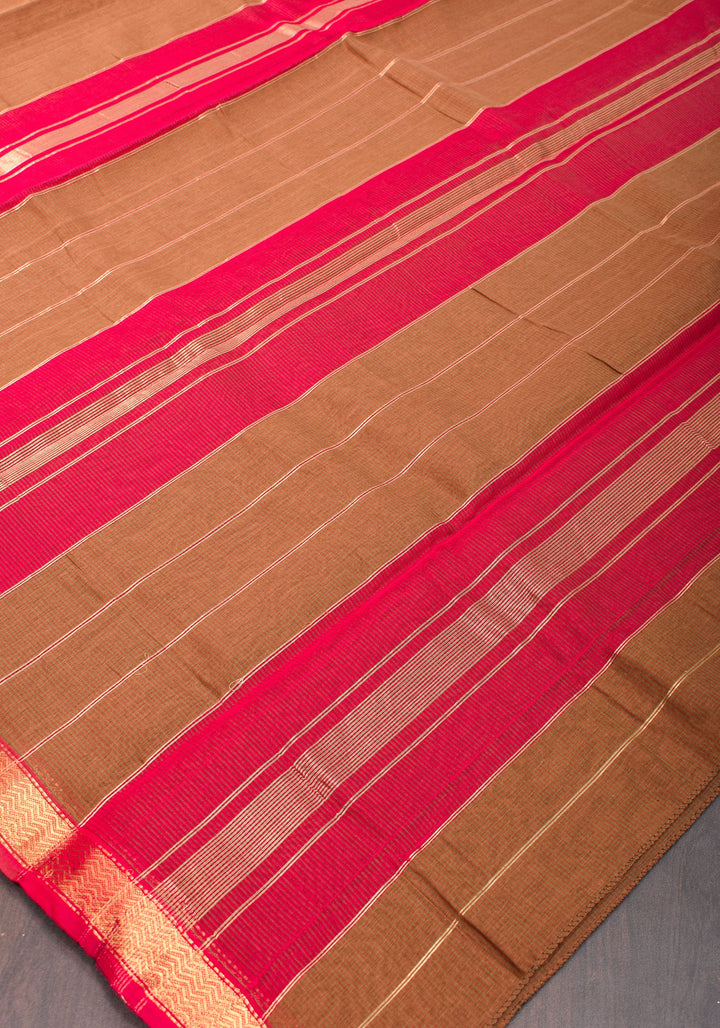 Handwoven Maheshwari Silk Cotton Saree in brown With Stripes & Minimal zari borders