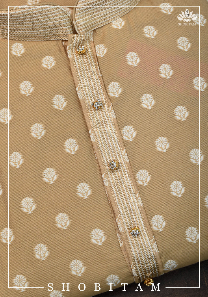 Beige Self Brocade Kurta Pajama Set for Men, Multiple Sizes | Ethnic Menswear by Shobitam