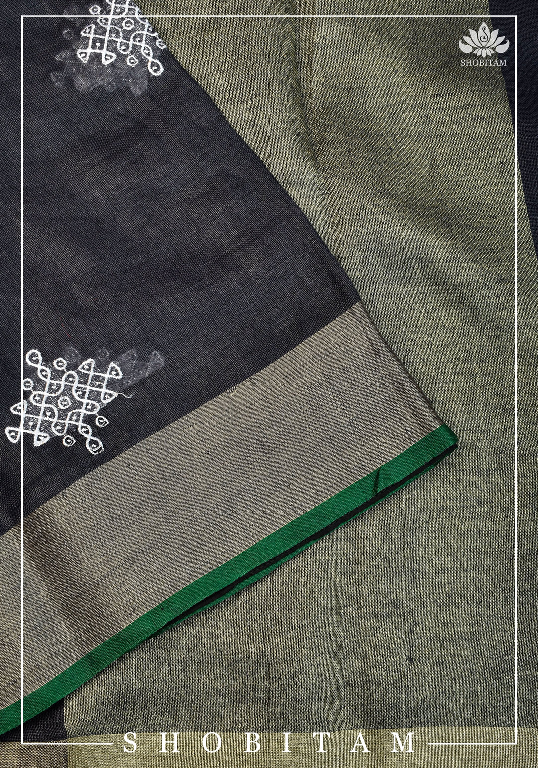 Kolam Linen By Linen embroidery Saree in Black with green selvedges | Sarees By shobitam