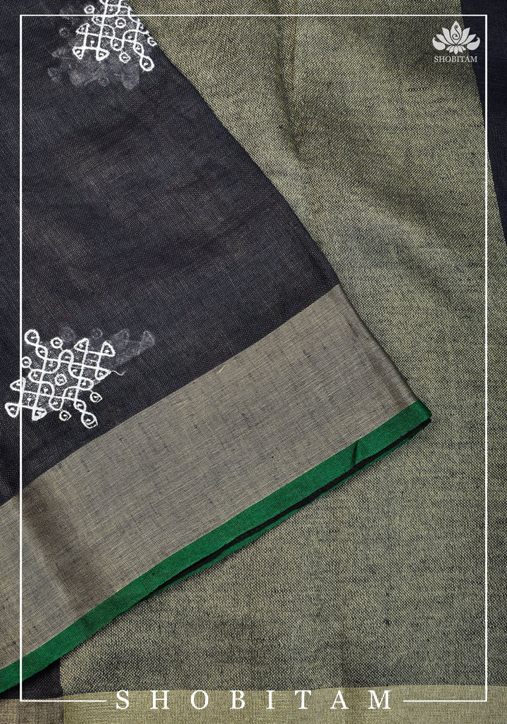 Kolam Linen By Linen embroidery Saree in Black with green selvedges | Sarees By shobitam