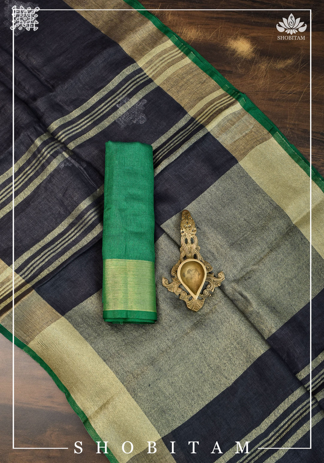 Kolam Linen By Linen embroidery Saree in Black with green selvedges | Sarees By shobitam