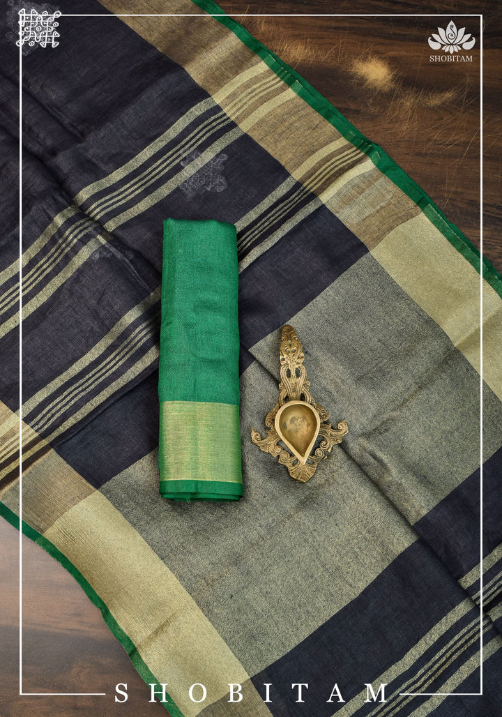 Kolam Linen By Linen embroidery Saree in Black with green selvedges | Sarees By shobitam