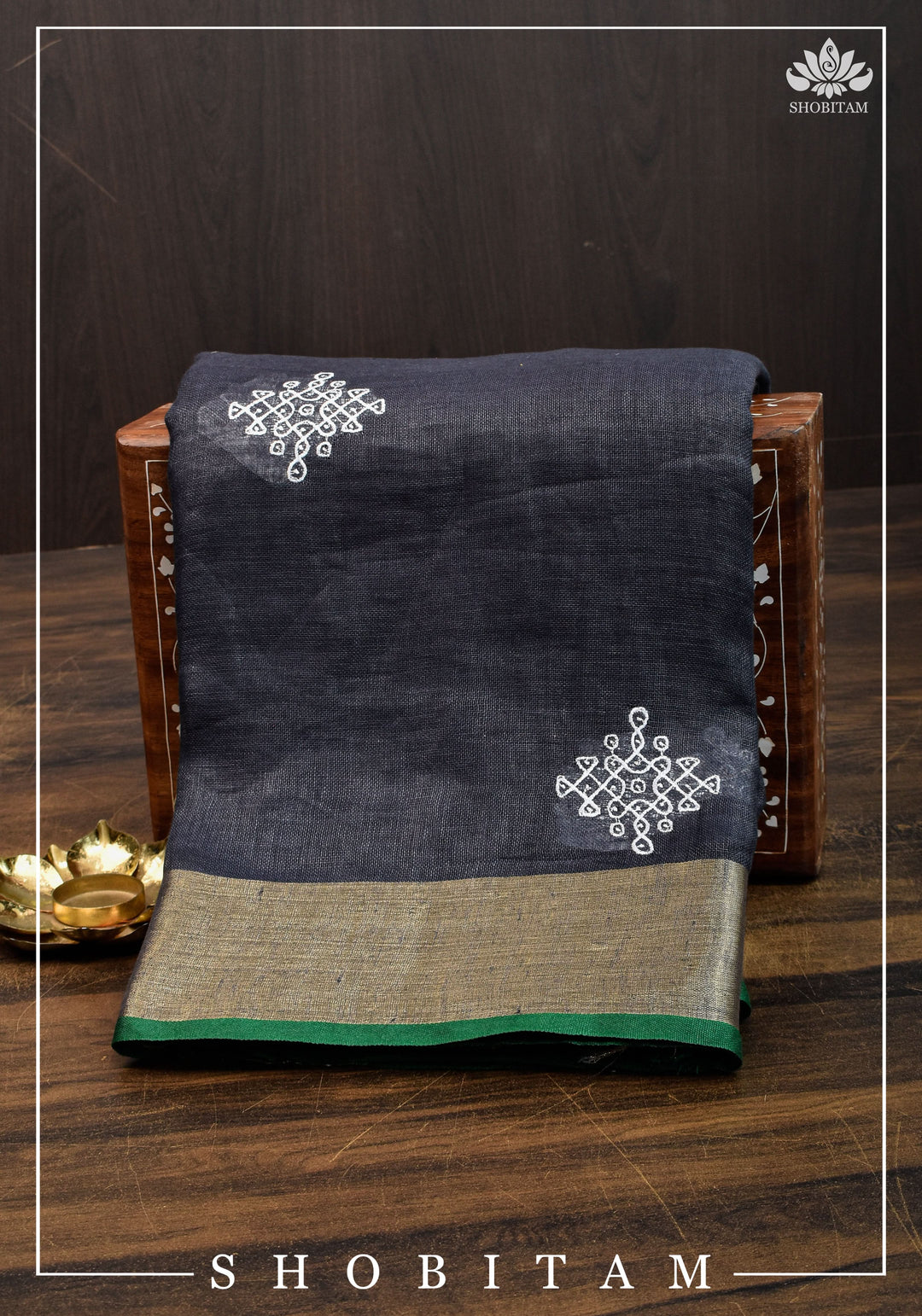 Kolam Linen By Linen embroidery Saree in Black with green selvedges | Sarees By shobitam