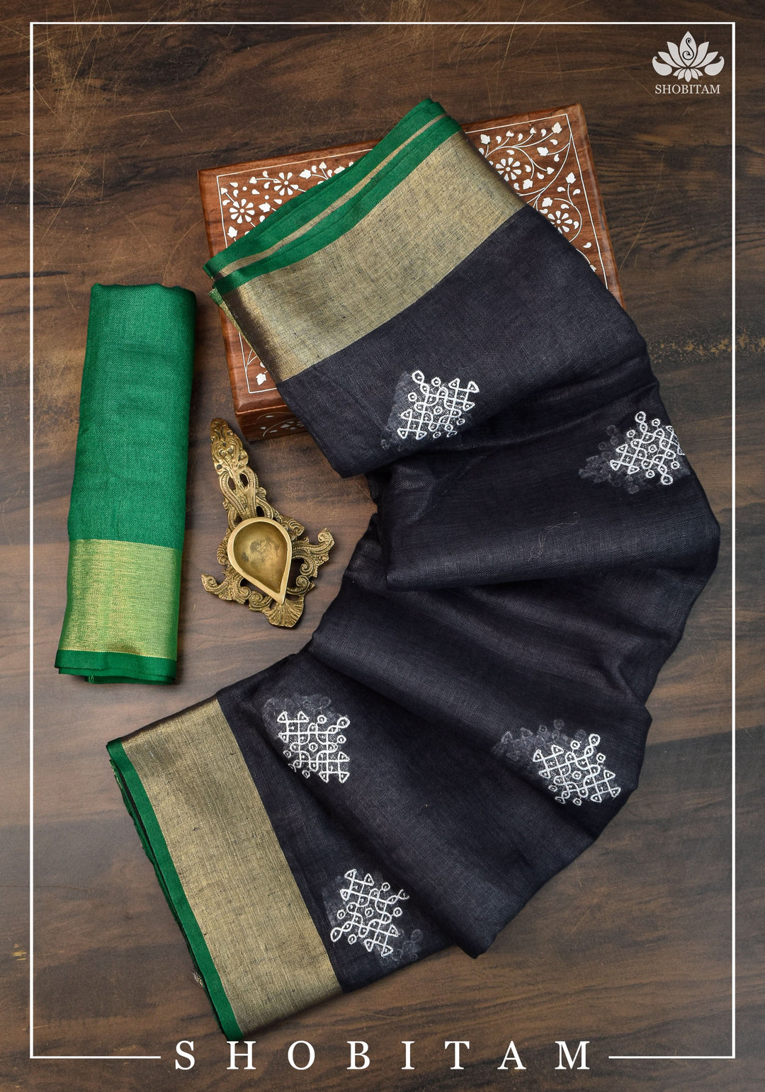 Kolam Linen By Linen embroidery Saree in Black with green selvedges | Sarees By shobitam