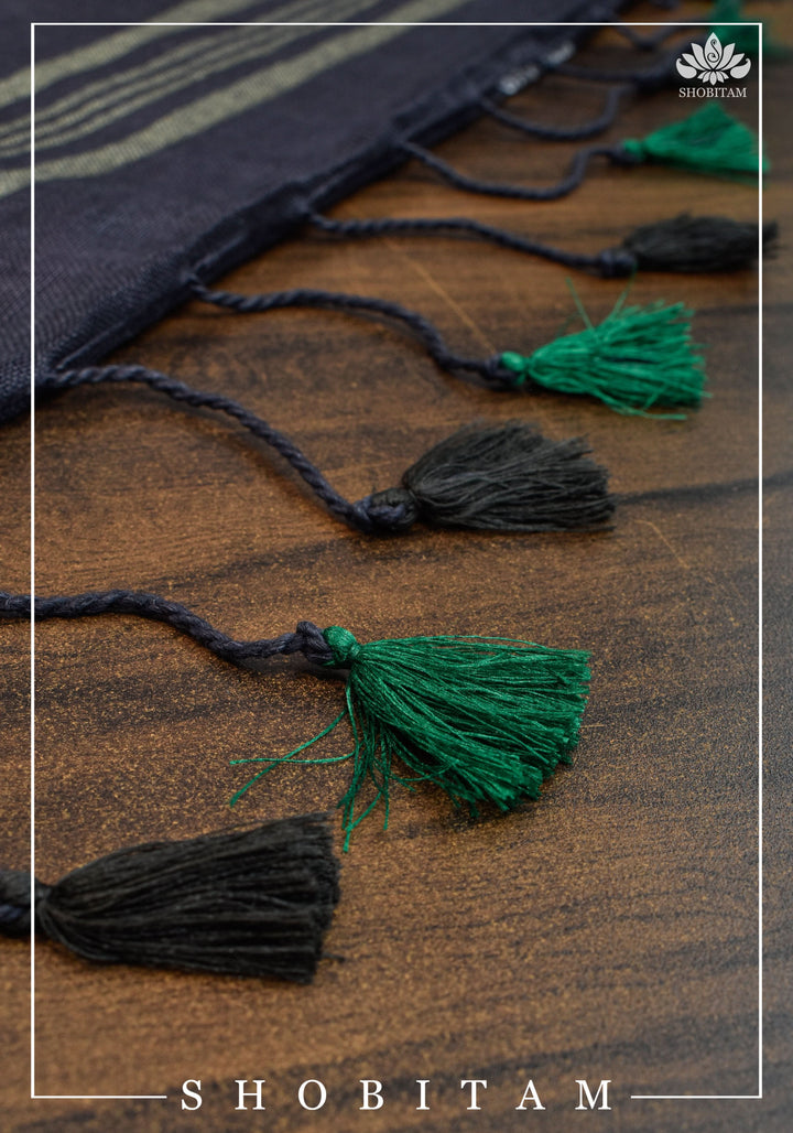 Kolam Linen By Linen embroidery Saree in Black with green selvedges | Sarees By shobitam
