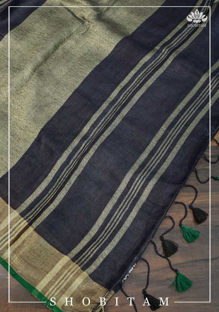 Kolam Linen By Linen embroidery Saree in Black with green selvedges | Sarees By shobitam