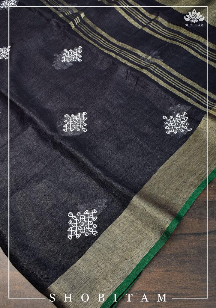 Kolam Linen By Linen embroidery Saree in Black with green selvedges | Sarees By shobitam